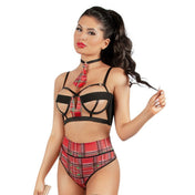 Polyester spandex intimates lingerie lingerie-set bra caged bustier hook-and-eye corset lace panty panties high-waist adjustable choker-tie schoolgirl school-girl 3pc 3-pc 3-piece three-piece costume cosplay roleplay uniform halloween sexy adult female femme feminine women red black plaid