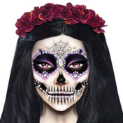 Calavera face jewels sticker sugar skull rhinestone adhesive gems dia de los muertos festival halloween costume makeup accessory iridescent peel and stick skin safe adhesive symmetrical jewel design fetish fashion