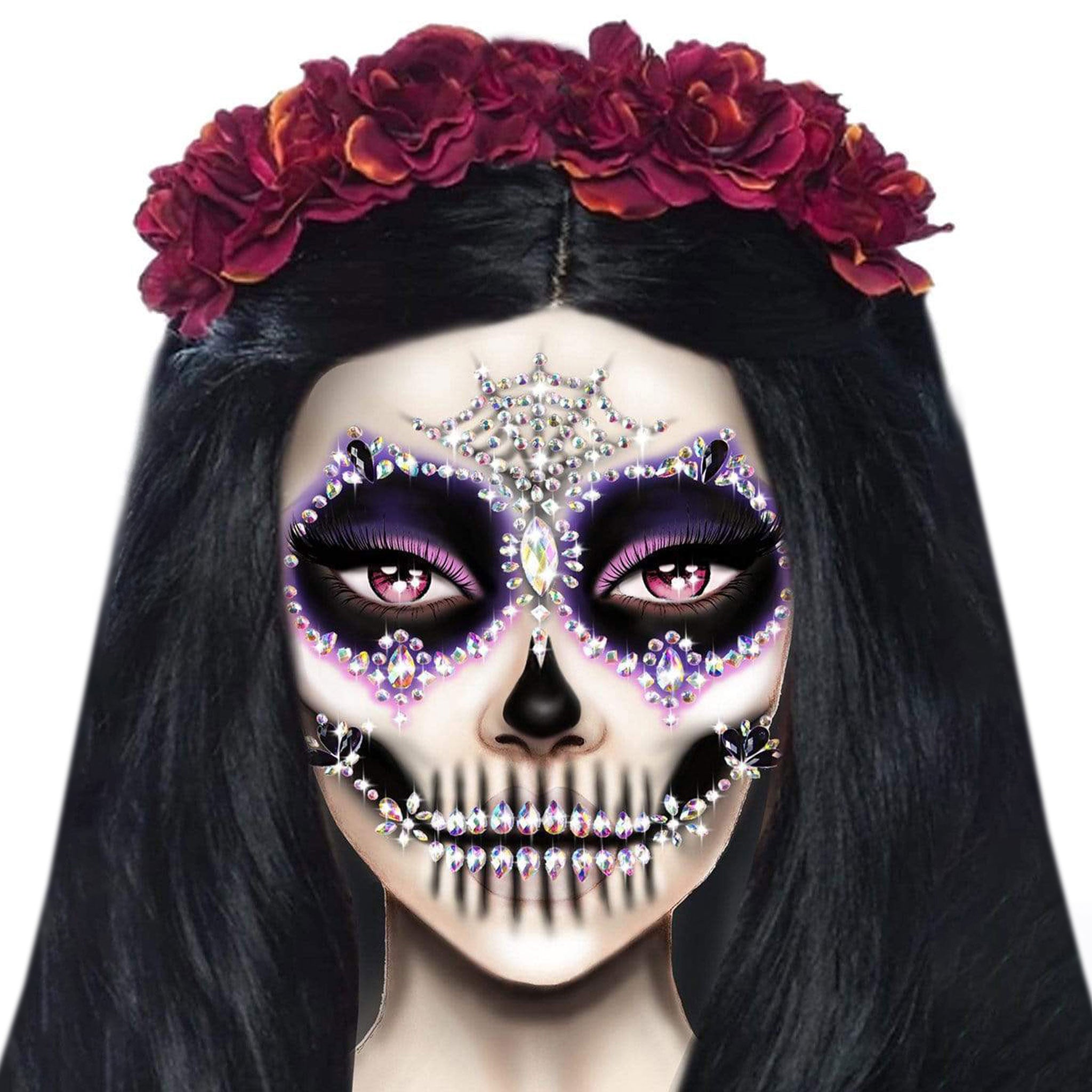 Rhinestones accessories face-jewels body-jewelry stickers face-gems symmetrical glam glamorous radiant bold sparkling sparkle vibrant costume cosplay halloween sugar-skull calavera skeleton dia-de-los-muertos day-of-the-dead mexico mexican cultural multi-color multicolor auruora-boreallis ab black iridescent