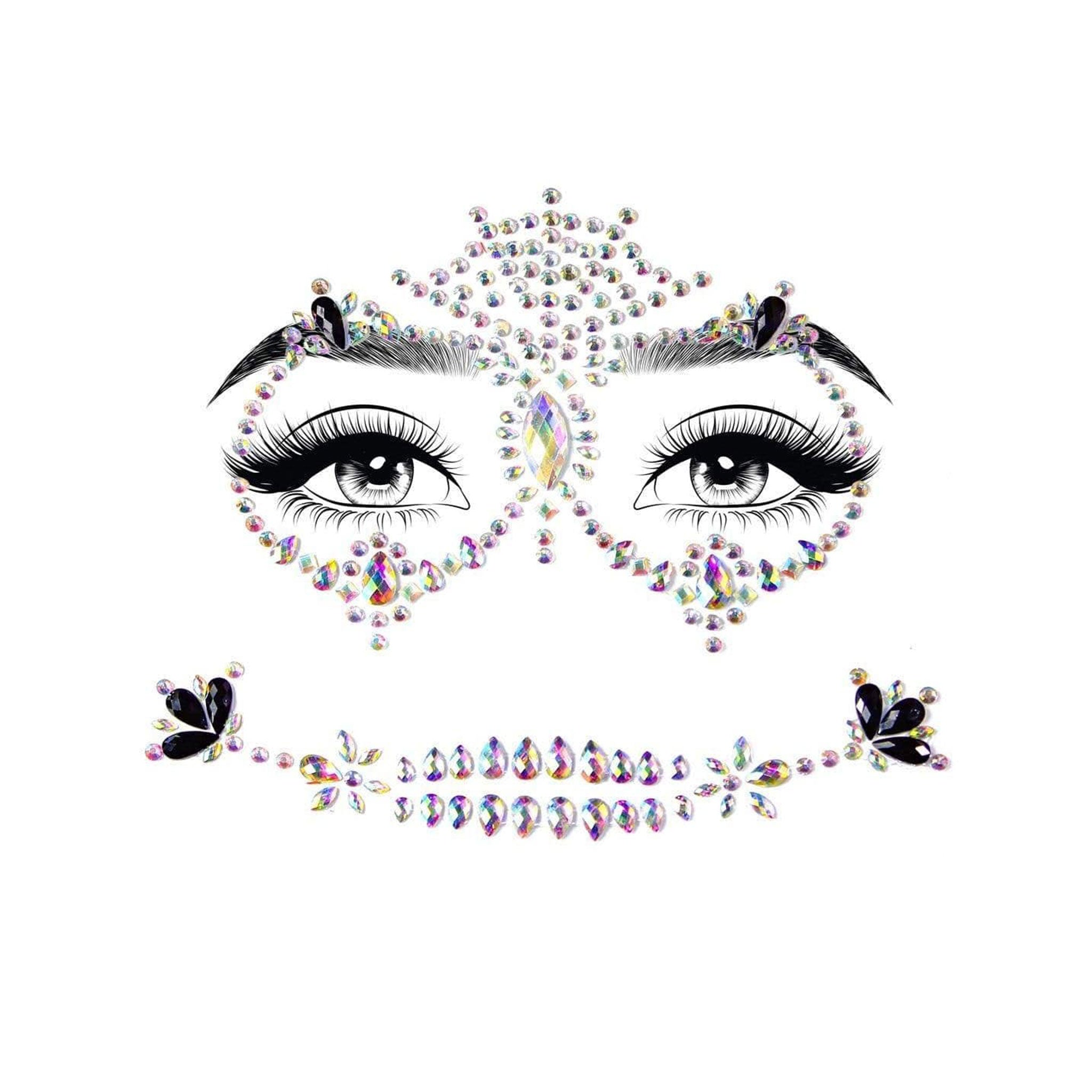 Rhinestones accessories face-jewels body-jewelry stickers face-gems symmetrical glam glamorous radiant bold sparkling sparkle vibrant costume cosplay halloween sugar-skull calavera skeleton dia-de-los-muertos day-of-the-dead mexico mexican cultural multi-color multicolor auruora-boreallis ab black iridescent