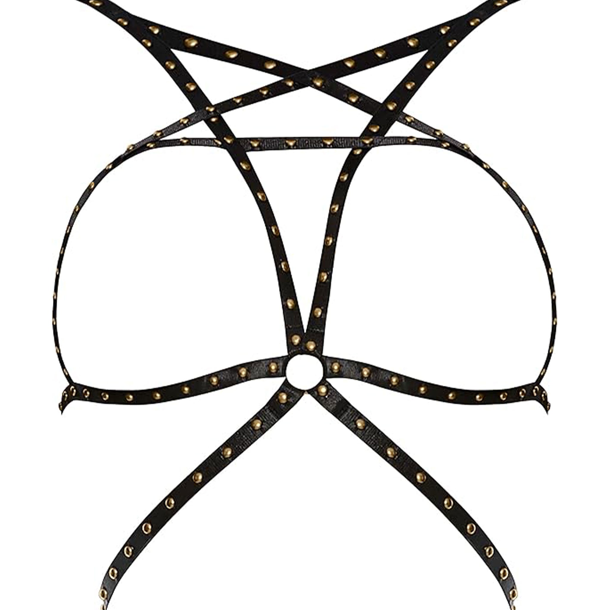 Latex rubber nylon intimates lingerie bra chest-harness harness-bra open-cup open-front O-ring strappy studded studs metallic rounded rebellious edgy hook-and-eye aesthetic comfortable durable sexy romantic fetish fashion alt-fashion bdsm-gear bdsm bondage female femme feminine womens black gold