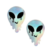 Adhesive medical-grade swimsuit-material hypoallergenic latex-free accessories intimates nipple pasties nipple-pasties nipple-covers breast-covers breast-shields adorable melty trippy rave ravewear raver-babe festival club clubwear pride costume cosplay halloween alien care-bears grays little-green-men space space-cadet intergalactic starchild star-child cyber female femme feminine womens unisex holographic hologram iridescent silver reflective 