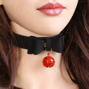 Leather PU-leather grommets accessories neck-wear collar choker bell-collar cat-collar bow-tie cat-bell adjustable buckle durable soft comfortable tinkling musical fetish fashion alt-fashion alternative goth gothic bedroom dungeon festival bondage bondage-collar bdsm bdsm-gear-bdsm-fashion bdsm-toys kink kinky kinkwear sub submissive pet-play cat kitty kitten feline costume cosplay halloween unisex black-red