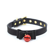 Leather PU-leather grommets accessories neck-wear collar choker bell-collar cat-collar bow-tie cat-bell adjustable buckle durable soft comfortable tinkling musical fetish fashion alt-fashion alternative goth gothic bedroom dungeon festival bondage bondage-collar bdsm bdsm-gear-bdsm-fashion bdsm-toys kink kinky kinkwear sub submissive pet-play cat kitty kitten feline costume cosplay halloween unisex black-red