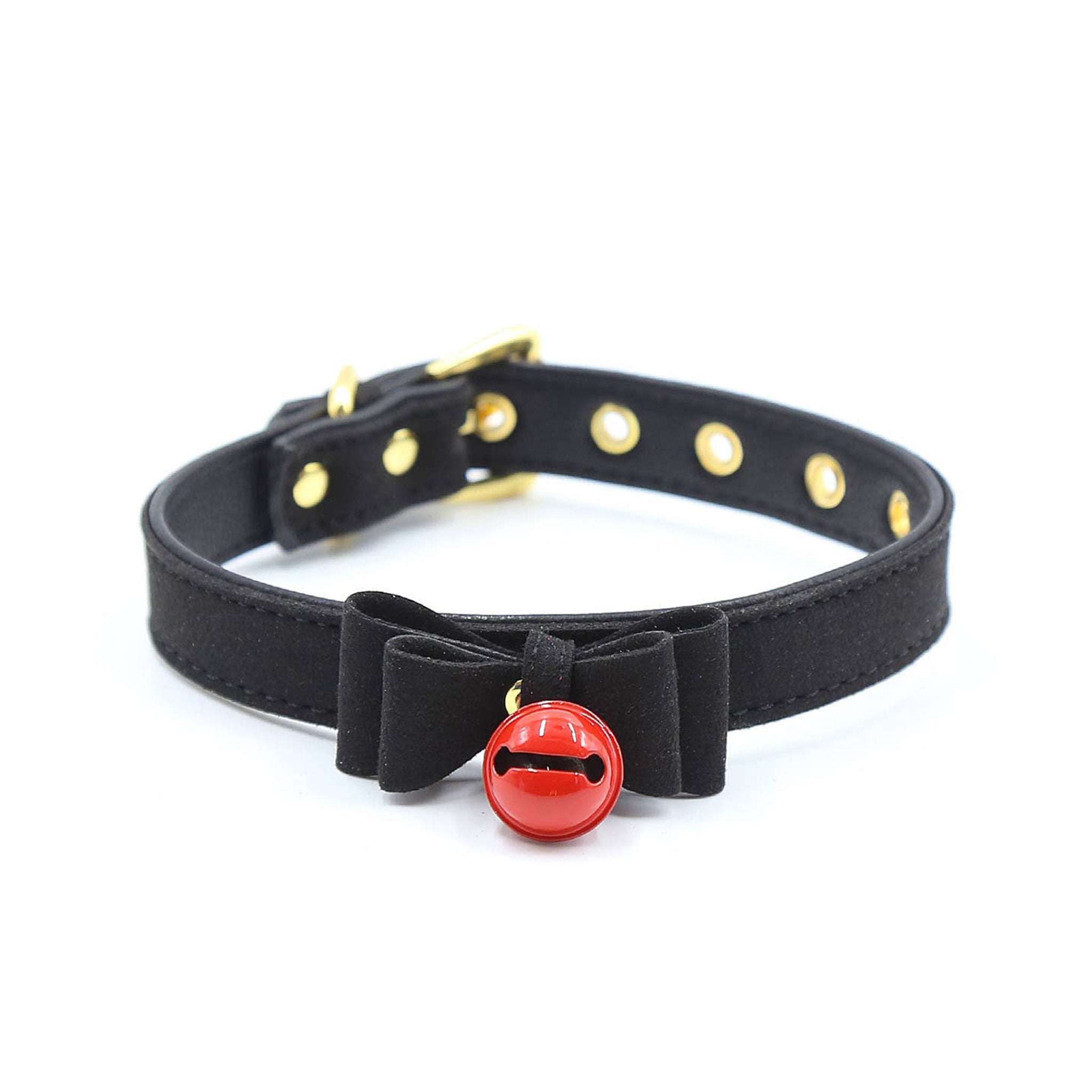 Leather PU-leather grommets accessories neck-wear collar choker bell-collar cat-collar bow-tie cat-bell adjustable buckle durable soft comfortable tinkling musical fetish fashion alt-fashion alternative goth gothic bedroom dungeon festival bondage bondage-collar bdsm bdsm-gear-bdsm-fashion bdsm-toys kink kinky kinkwear sub submissive pet-play cat kitty kitten feline costume cosplay halloween unisex black-red