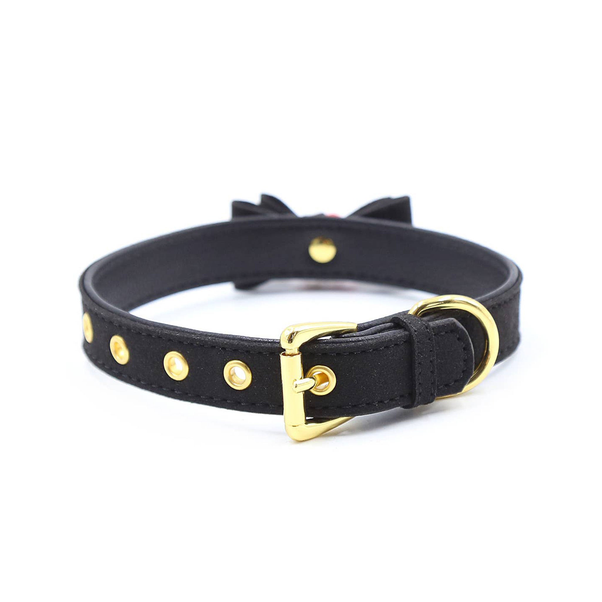 Leather PU-leather grommets accessories neck-wear collar choker bell-collar cat-collar bow-tie cat-bell adjustable buckle durable soft comfortable tinkling musical fetish fashion alt-fashion alternative goth gothic bedroom dungeon festival bondage bondage-collar bdsm bdsm-gear-bdsm-fashion bdsm-toys kink kinky kinkwear sub submissive pet-play cat kitty kitten feline costume cosplay halloween unisex black-red