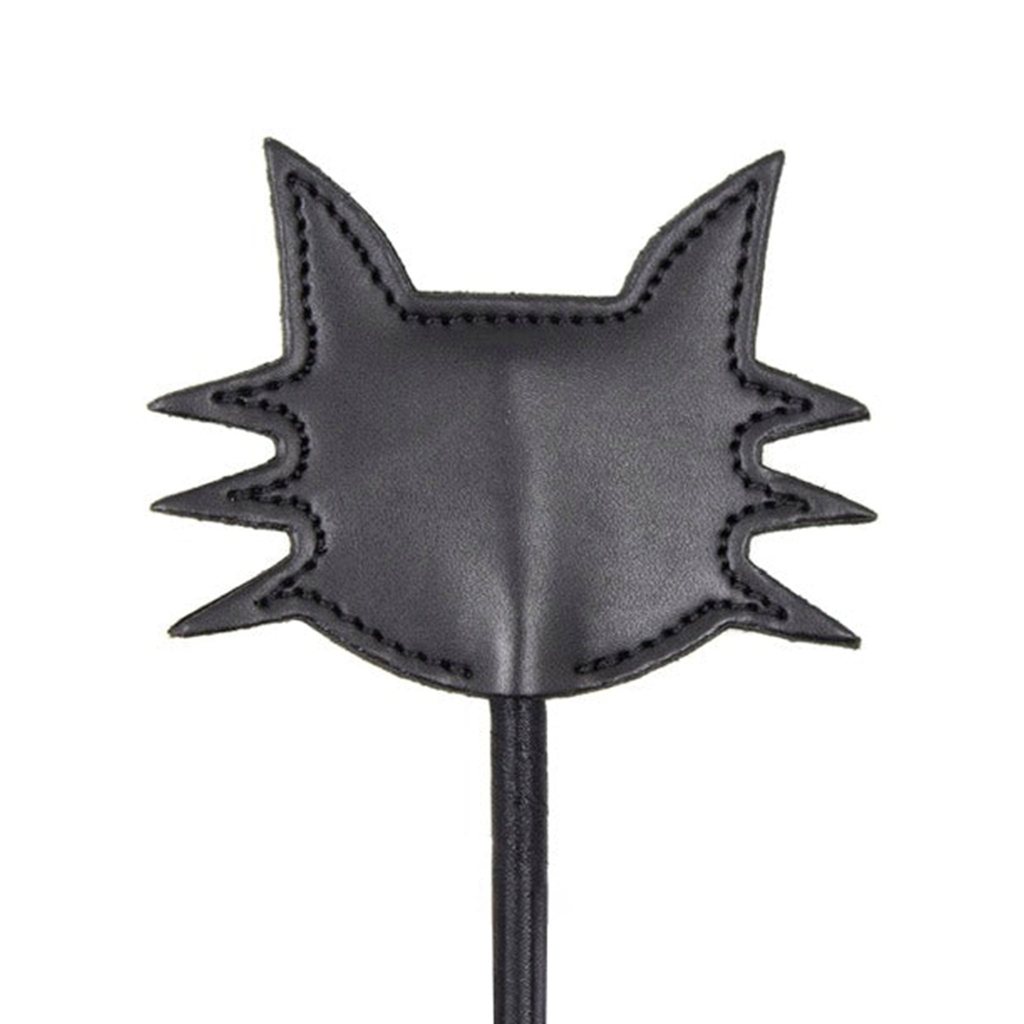 Leather faux-leather riding crop nylon-core medium-flex pocket-handle loop-handle popper padded double-sided cat kitty cat-head feline-themed cat-themed die-cut control playful sharp soft fetish bdsm bondage domination discipline sadism spanking impact impact-play teasing kink kinky kinky-play adult-toys black
