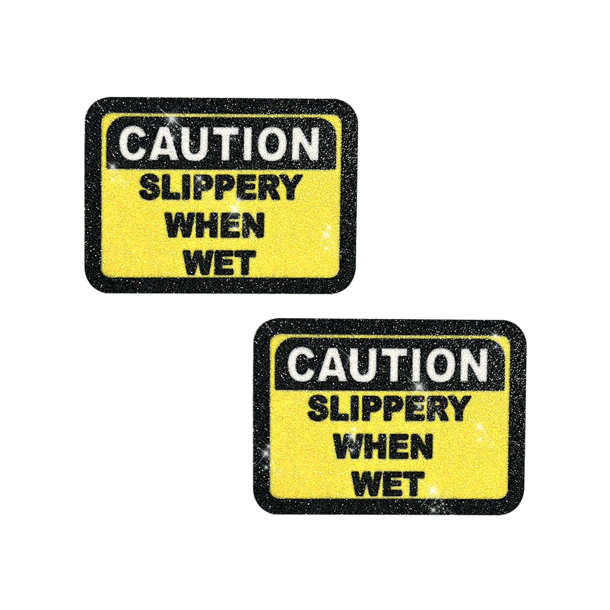 Adhesive medical-grade swimsuit-material glitter hypoallergenic latex-free waterproof accessories intimates nipple pasties nipple-pasties nipple-shield nipple-cover breast-cover breast-shields sign safety-sign caution slippery when wet slippery-when-wet fashion alt-fashion punk urban costume cosplay construction police uniform unisex rave ravewear festival concert rave-bae raver-babe black yellow