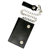 Leather genuine wallet chain connecting connector snap-button press-button trifold tri-fold belt loop lanyard J-hook clasp double-snap fashion alt-fashion biker motorcycle accessories black silver