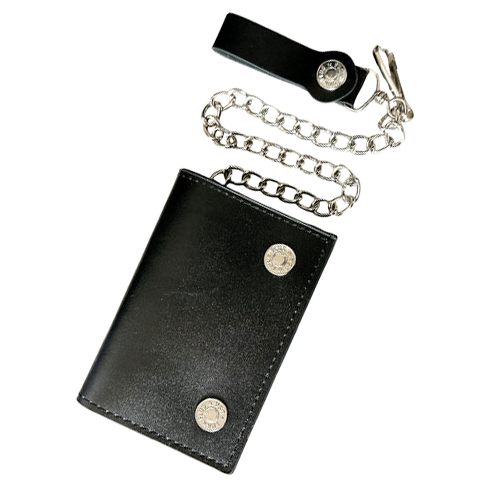 Leather genuine wallet chain connecting connector snap-button press-button trifold tri-fold belt loop lanyard J-hook clasp double-snap fashion alt-fashion biker motorcycle accessories black silver