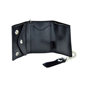 Leather genuine wallet chain connecting connector snap-button press-button trifold tri-fold belt loop lanyard J-hook clasp double-snap fashion alt-fashion biker motorcycle accessories black silver