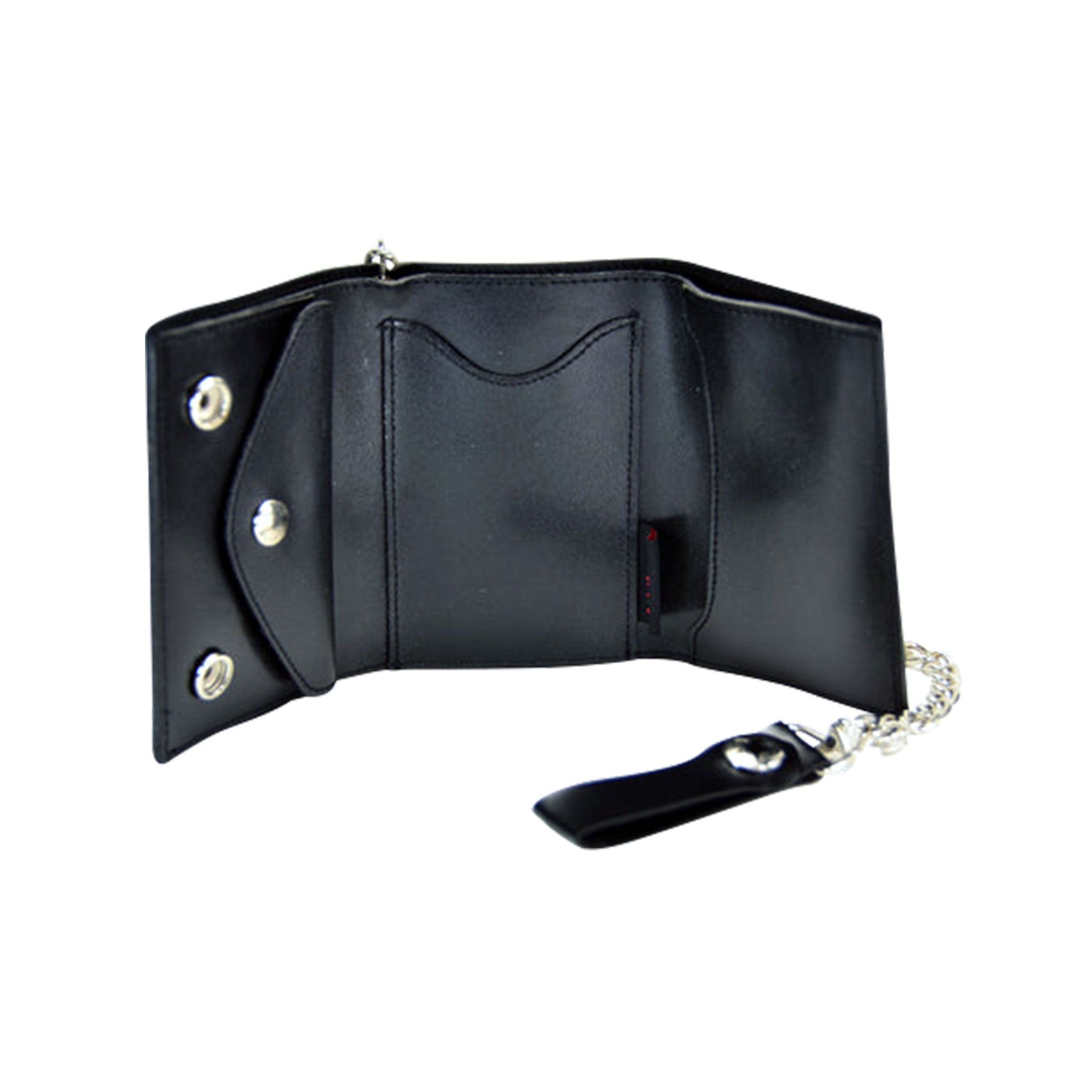 Leather genuine wallet chain connecting connector snap-button press-button trifold tri-fold belt loop lanyard J-hook clasp double-snap fashion alt-fashion biker motorcycle accessories black silver