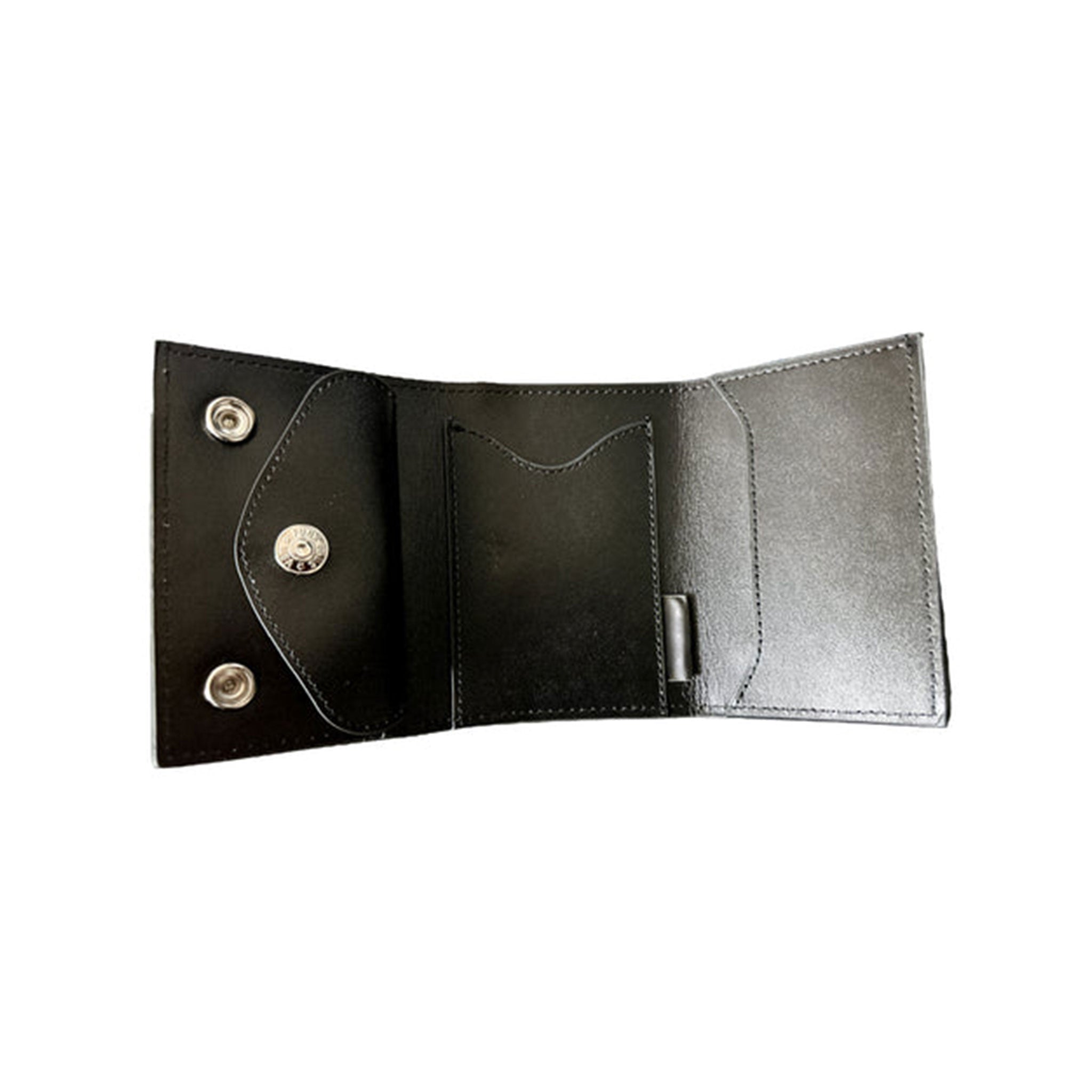 Leather genuine wallet chain connecting connector snap-button press-button trifold tri-fold belt loop lanyard J-hook clasp double-snap fashion alt-fashion biker motorcycle accessories black silver