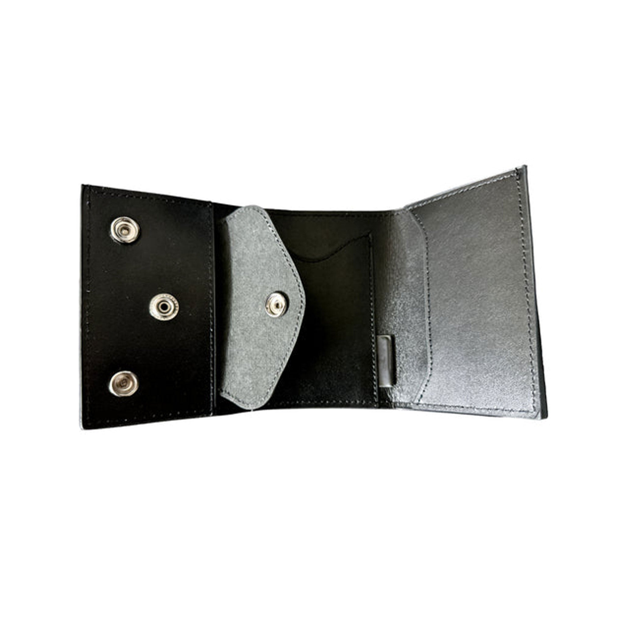 Leather genuine wallet chain connecting connector snap-button press-button trifold tri-fold belt loop lanyard J-hook clasp double-snap fashion alt-fashion biker motorcycle accessories black silver