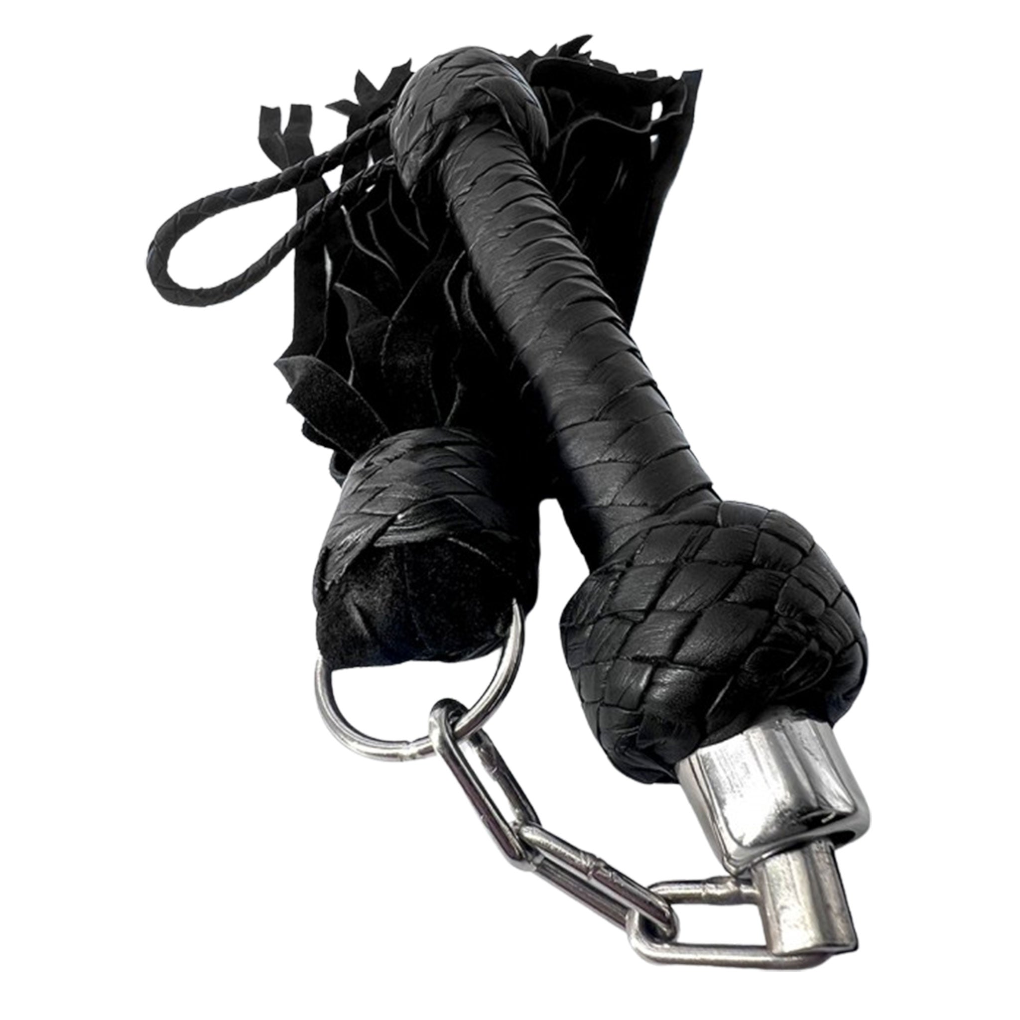 Leather genuine suede flogger whip nunchaku nunchuks chain connected connecting handle dual-ended ergonomic braided bondage bdsm sadism sadomasochism masochism impact impact-play impact-toys kink kinky kinky-play adult-toys black