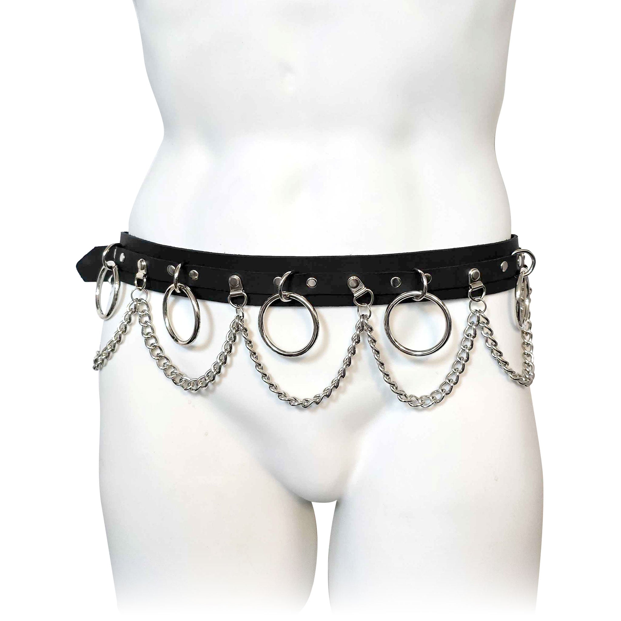 Leather genuine-leather chain hanging-chains chain-belt accessories belt dual-layer heavy-duty D-ring O-ring adjustable buckle interlinked-chain bold power rebellion dark daring style stylish fetish fashion fetishwear alt-fashion punk goth gothic bondage bondage-belt bondage-inspired bdsm bdsm-wear kink kinky kinkwear waist unisex mens womens black