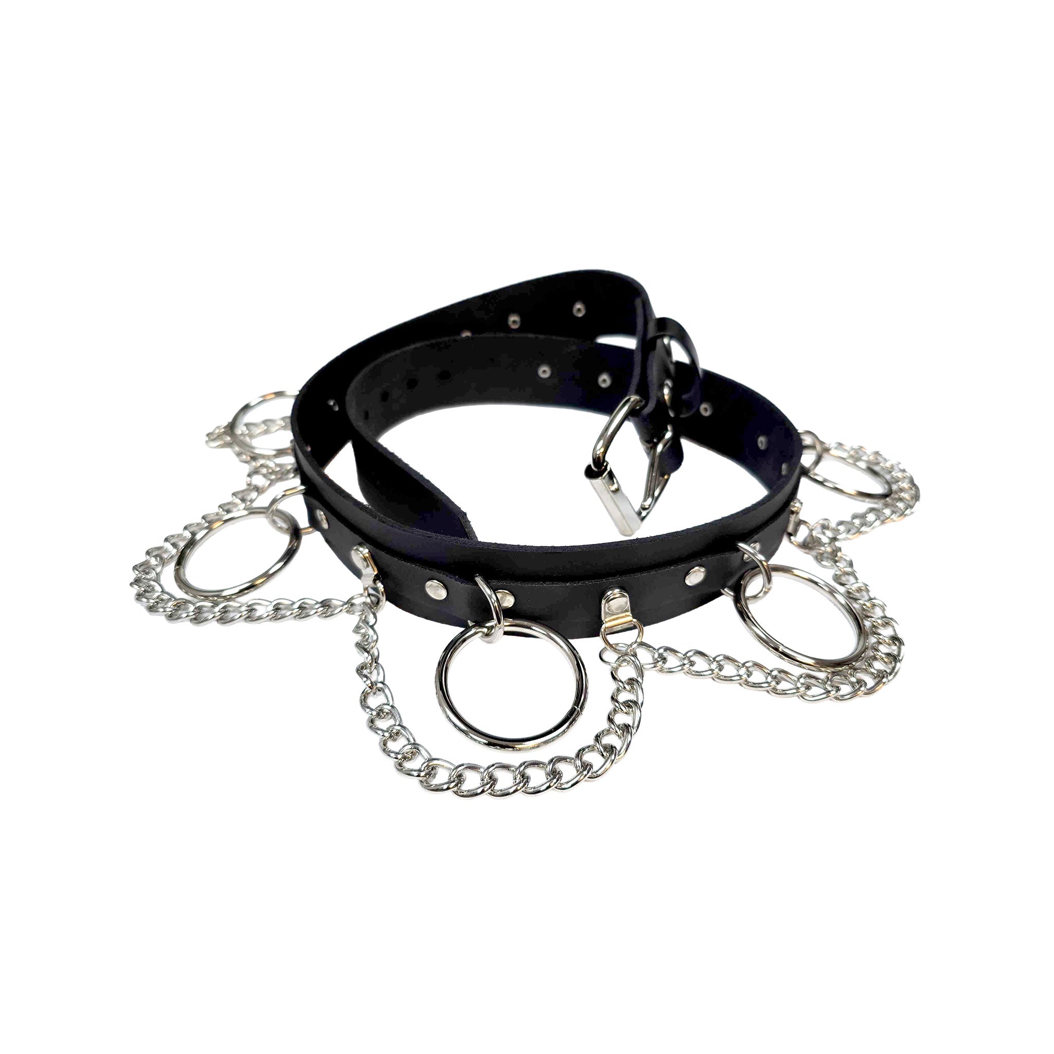 Leather genuine-leather chain hanging-chains chain-belt accessories belt dual-layer heavy-duty D-ring O-ring adjustable buckle interlinked-chain bold power rebellion dark daring style stylish fetish fashion fetishwear alt-fashion punk goth gothic bondage bondage-belt bondage-inspired bdsm bdsm-wear kink kinky kinkwear waist unisex mens womens black