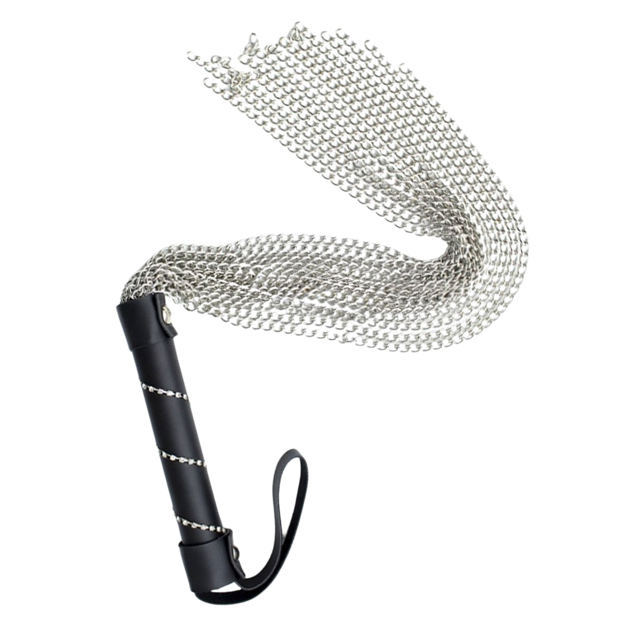 Leather faux-leather metallic silver-chain rhinestone chain-falls whip flogger mini-flogger chain-flogger spanking impact impact-play impact-toys wrapped-handle handle-loop stimulating stimulation sexy sexual pleasure bdsm bondage sadism masochism pain adult-toys silver black