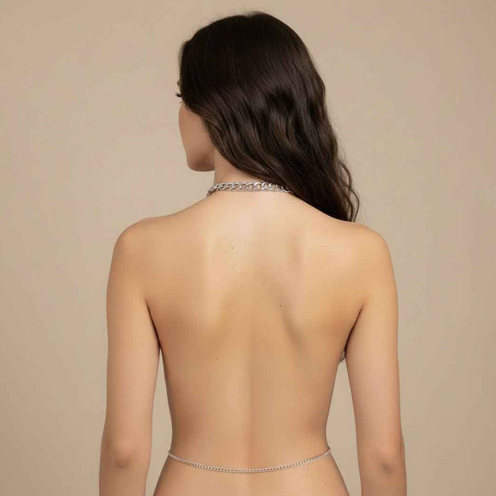 Metallic-chain hanging-chain metallic-links chainmail chain-mail cuban-link apparel top halter-top apron-top crop-top halterneck halter-neck sleeveless O-ring shimmer shiny eye-candy stunning lightweight striking captivating radiant show-stopping fetish fashion alt-fashion clubwear festivalwear ravewear raver-babe intimate-moments female femme feminine womens silver