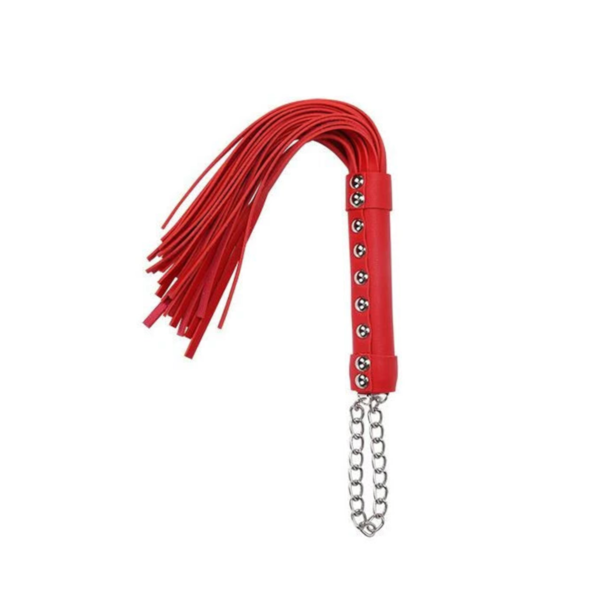 Chain handle flogger, rivet handle mini flogger, BDSM impact toy, compact flogger with metal loop.
