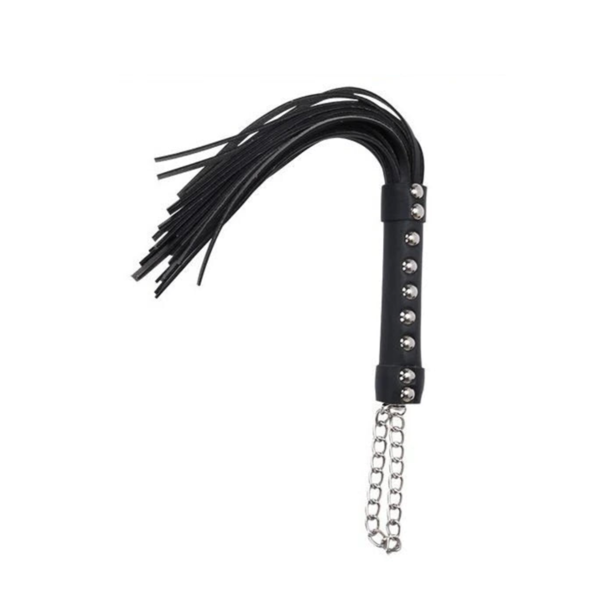 Chain handle flogger, rivet handle mini flogger, BDSM impact toy, compact flogger with metal loop.