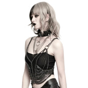 Aluminum-alloy hanging-chain accessories apparel top tank-top harness chest-harness sweetheart sleeveless back-closure lobster-clasp edgy fashionable textured tough fetish fashion alt-fashion alternative punk goth gothic cyber cyberpunk festival combat costume cosplay halloween afterdark-collection female femme feminine womens silver antique-silver