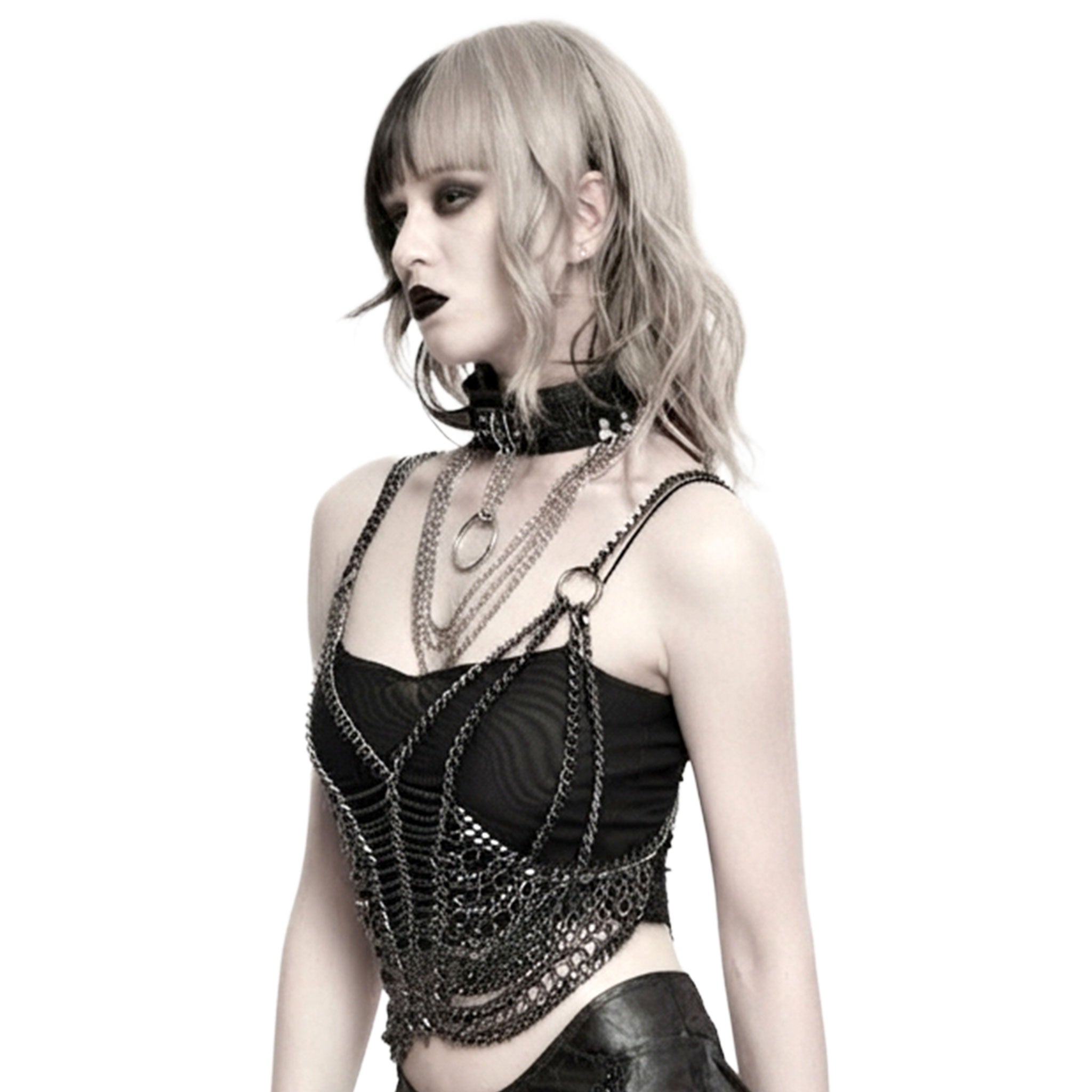 Aluminum-alloy hanging-chain accessories apparel top tank-top harness chest-harness sweetheart sleeveless back-closure lobster-clasp edgy fashionable textured tough fetish fashion alt-fashion alternative punk goth gothic cyber cyberpunk festival combat costume cosplay halloween afterdark-collection female femme feminine womens silver antique-silver