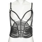 Aluminum-alloy hanging-chain accessories apparel top tank-top harness chest-harness sweetheart sleeveless back-closure lobster-clasp edgy fashionable textured tough fetish fashion alt-fashion alternative punk goth gothic cyber cyberpunk festival combat costume cosplay halloween afterdark-collection female femme feminine womens silver antique-silver