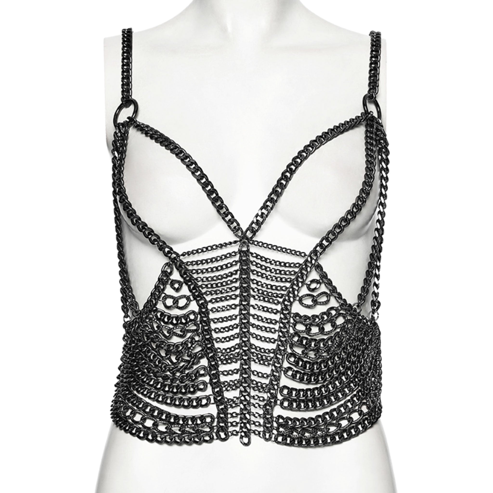 Aluminum-alloy hanging-chain accessories apparel top tank-top harness chest-harness sweetheart sleeveless back-closure lobster-clasp edgy fashionable textured tough fetish fashion alt-fashion alternative punk goth gothic cyber cyberpunk festival combat costume cosplay halloween afterdark-collection female femme feminine womens silver antique-silver