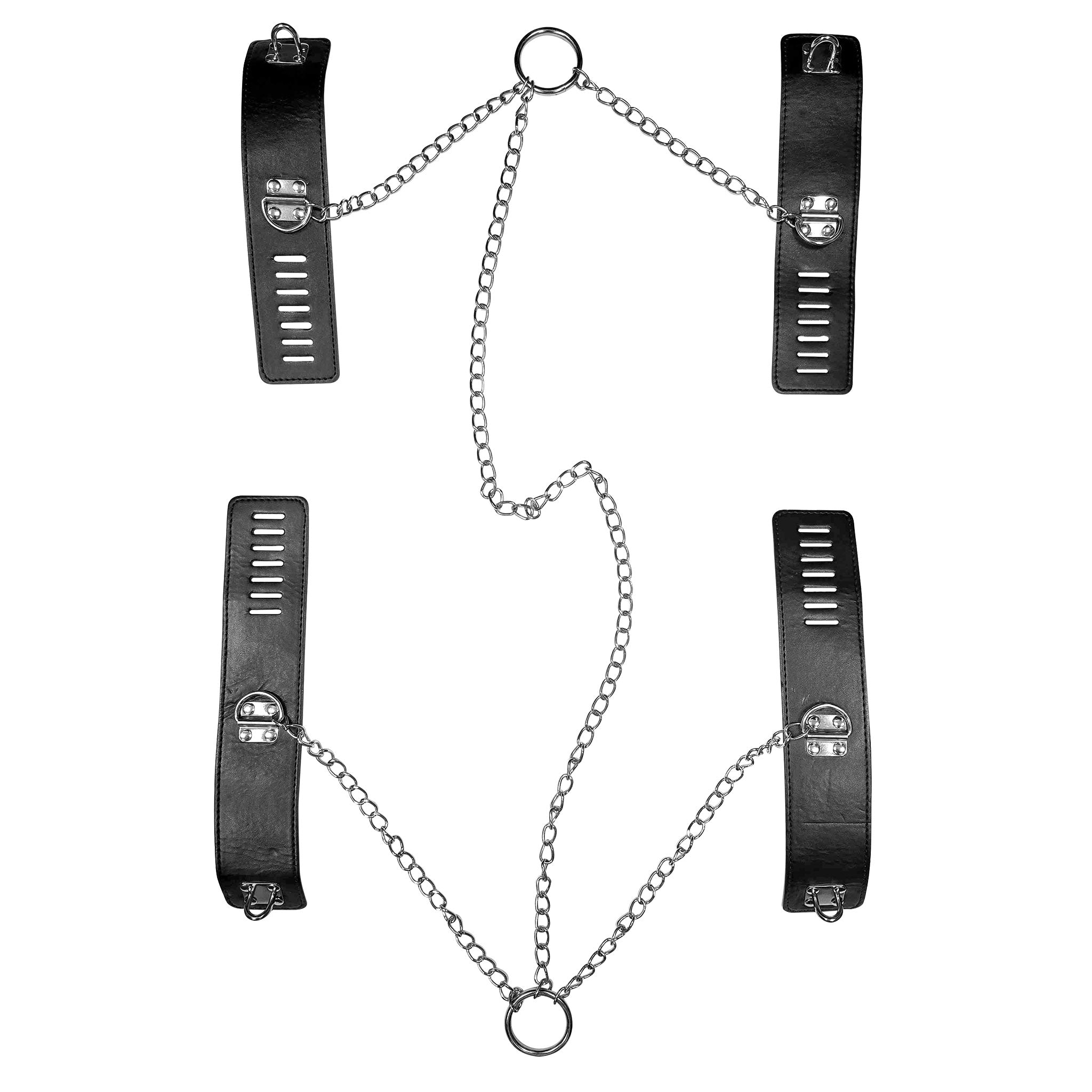 Leather vegan-leather faux-leather metallic chain accessories restraints restraints-set cuffs wristcuffs wrist-cuffs ankle ankle-restraints binders body-restraints chain-linked locking lockable padlock pad-lock D-ring O-ring lockplate wraparound bdsm bondage bdsm-gear bondage-gear kink kinky kinky-play spicy adult-toys black