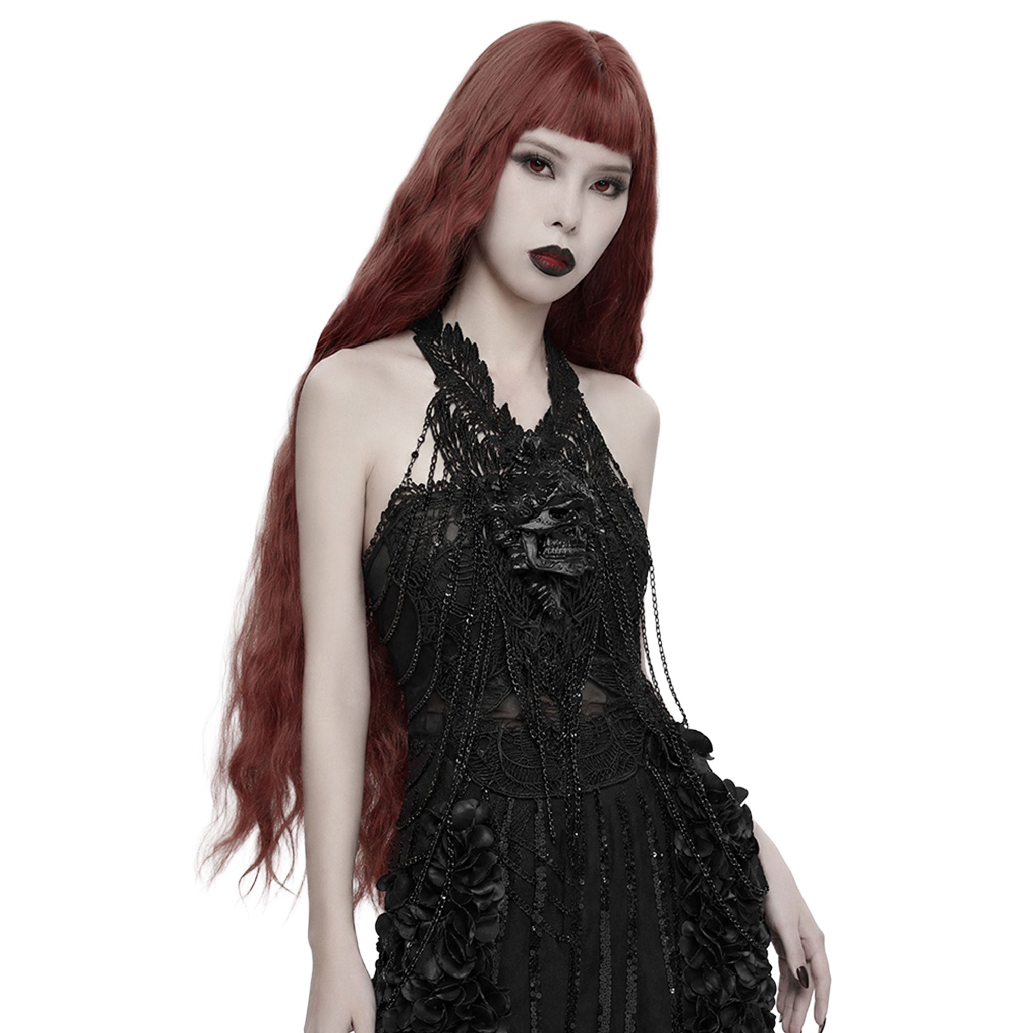 Aluminum-alloy polyester lace ABS-plastic chain apparel accessories top harness body-chain chest-harness sleeveless neck-collar chest-chain shoulder-chain skull 3D-skull 3D-printed chest-panel adjustable lobster-clasp intricate embellished cascading hollowed-out commanding bold soft fashion dark-fashion alt-fashion alternative punk goth gothic romanticism elegant glam raver-babe rave vintage festival costume cosplay halloween halloween-accessories afterdark-collection female femme feminine womens black
