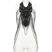Aluminum-alloy polyester lace ABS-plastic chain apparel accessories top harness body-chain chest-harness sleeveless neck-collar chest-chain shoulder-chain skull 3D-skull 3D-printed chest-panel adjustable lobster-clasp intricate embellished cascading hollowed-out commanding bold soft fashion dark-fashion alt-fashion alternative punk goth gothic romanticism elegant glam raver-babe rave vintage festival costume cosplay halloween halloween-accessories afterdark-collection female femme feminine womens black
