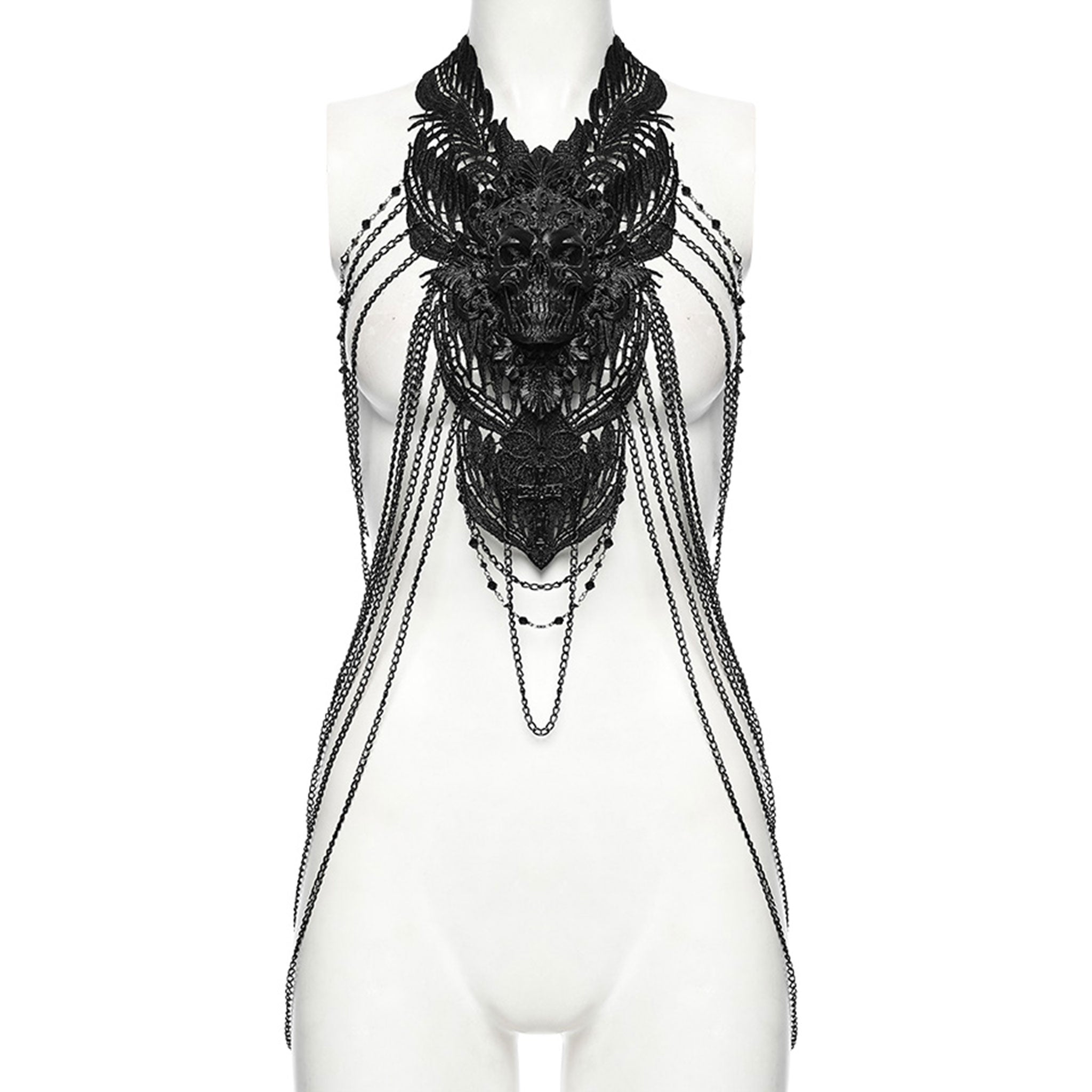 Aluminum-alloy polyester lace ABS-plastic chain apparel accessories top harness body-chain chest-harness sleeveless neck-collar chest-chain shoulder-chain skull 3D-skull 3D-printed chest-panel adjustable lobster-clasp intricate embellished cascading hollowed-out commanding bold soft fashion dark-fashion alt-fashion alternative punk goth gothic romanticism elegant glam raver-babe rave vintage festival costume cosplay halloween halloween-accessories afterdark-collection female femme feminine womens black