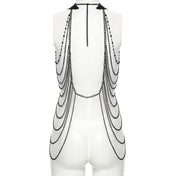 Aluminum-alloy polyester lace ABS-plastic chain apparel accessories top harness body-chain chest-harness sleeveless neck-collar chest-chain shoulder-chain skull 3D-skull 3D-printed chest-panel adjustable lobster-clasp intricate embellished cascading hollowed-out commanding bold soft fashion dark-fashion alt-fashion alternative punk goth gothic romanticism elegant glam raver-babe rave vintage festival costume cosplay halloween halloween-accessories afterdark-collection female femme feminine womens black