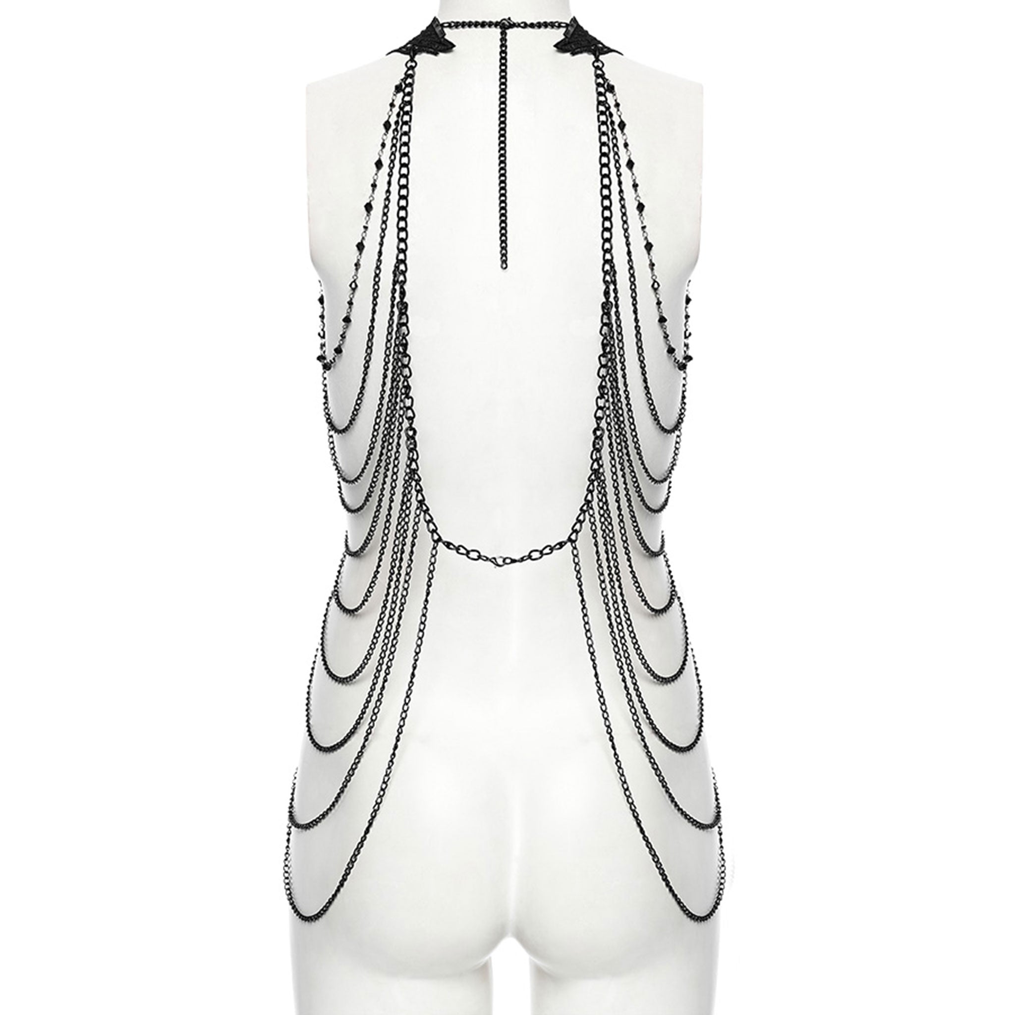 Aluminum-alloy polyester lace ABS-plastic chain apparel accessories top harness body-chain chest-harness sleeveless neck-collar chest-chain shoulder-chain skull 3D-skull 3D-printed chest-panel adjustable lobster-clasp intricate embellished cascading hollowed-out commanding bold soft fashion dark-fashion alt-fashion alternative punk goth gothic romanticism elegant glam raver-babe rave vintage festival costume cosplay halloween halloween-accessories afterdark-collection female femme feminine womens black