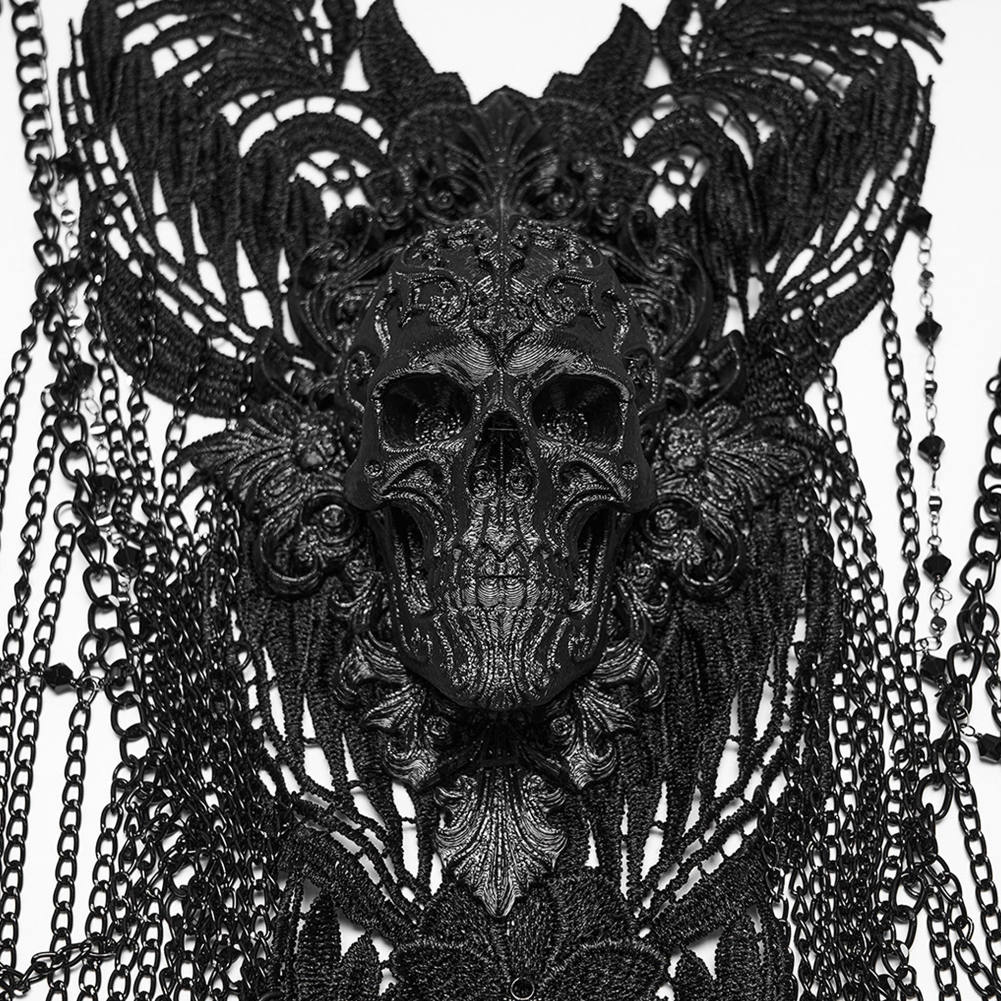 Aluminum-alloy polyester lace ABS-plastic chain apparel accessories top harness body-chain chest-harness sleeveless neck-collar chest-chain shoulder-chain skull 3D-skull 3D-printed chest-panel adjustable lobster-clasp intricate embellished cascading hollowed-out commanding bold soft fashion dark-fashion alt-fashion alternative punk goth gothic romanticism elegant glam raver-babe rave vintage festival costume cosplay halloween halloween-accessories afterdark-collection female femme feminine womens black