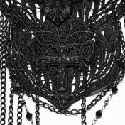 Aluminum-alloy polyester lace ABS-plastic chain apparel accessories top harness body-chain chest-harness sleeveless neck-collar chest-chain shoulder-chain skull 3D-skull 3D-printed chest-panel adjustable lobster-clasp intricate embellished cascading hollowed-out commanding bold soft fashion dark-fashion alt-fashion alternative punk goth gothic romanticism elegant glam raver-babe rave vintage festival costume cosplay halloween halloween-accessories afterdark-collection female femme feminine womens black