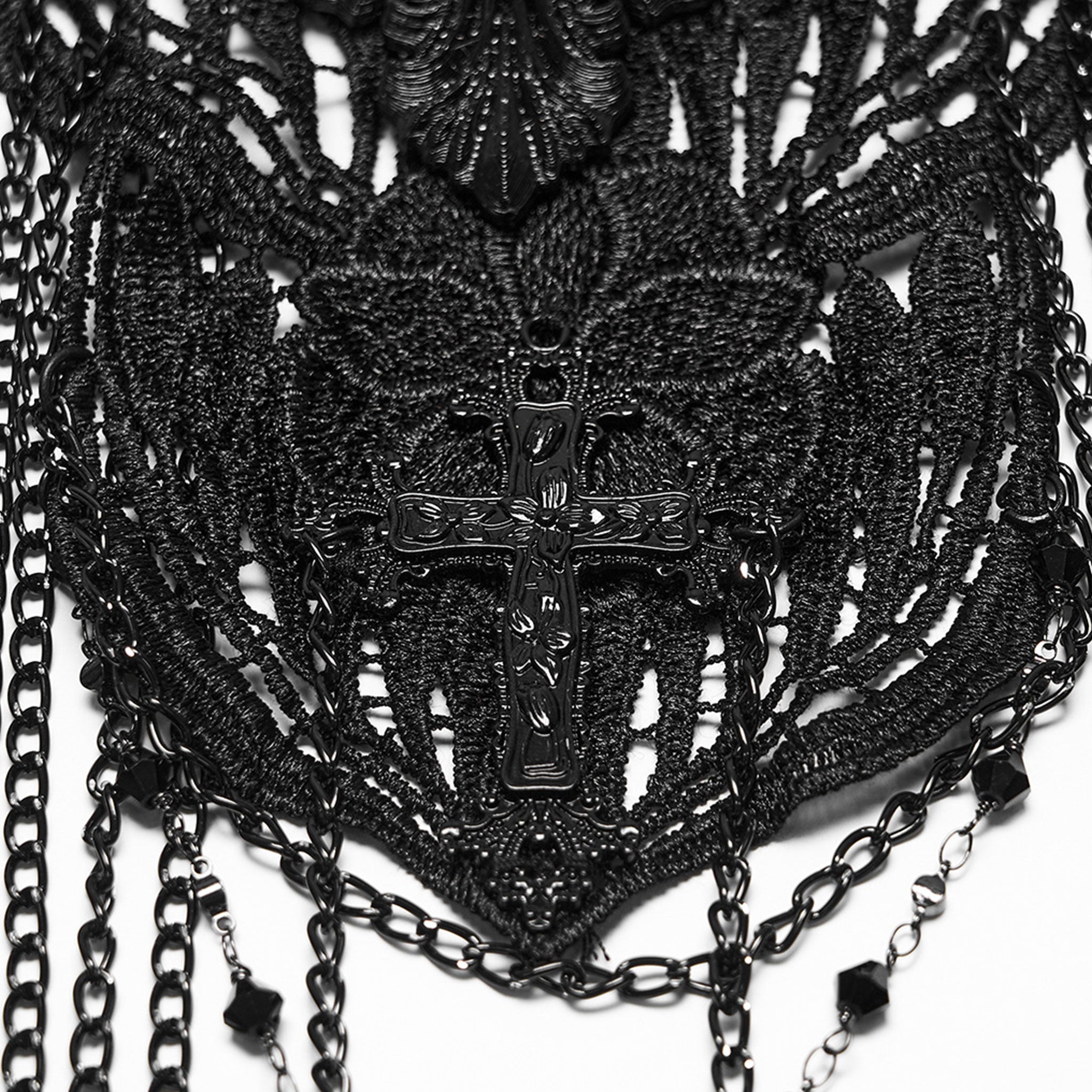 Aluminum-alloy polyester lace ABS-plastic chain apparel accessories top harness body-chain chest-harness sleeveless neck-collar chest-chain shoulder-chain skull 3D-skull 3D-printed chest-panel adjustable lobster-clasp intricate embellished cascading hollowed-out commanding bold soft fashion dark-fashion alt-fashion alternative punk goth gothic romanticism elegant glam raver-babe rave vintage festival costume cosplay halloween halloween-accessories afterdark-collection female femme feminine womens black