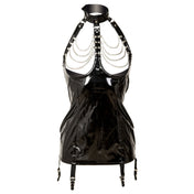 PVC vinyl elastic chain hanging-chain apparel dress mini-dress sleeveless micro open-cup open-bust underwire support halter-neck collar strappy zipper back-zip full-zip adjustable buckle suspender-straps slide-clips sleek shiny glossy veiling scalloped fetish fashion alt-fashion alternative kink kinky kinkwear exhibition exposed costume cosplay halloween female femme feminine womens black