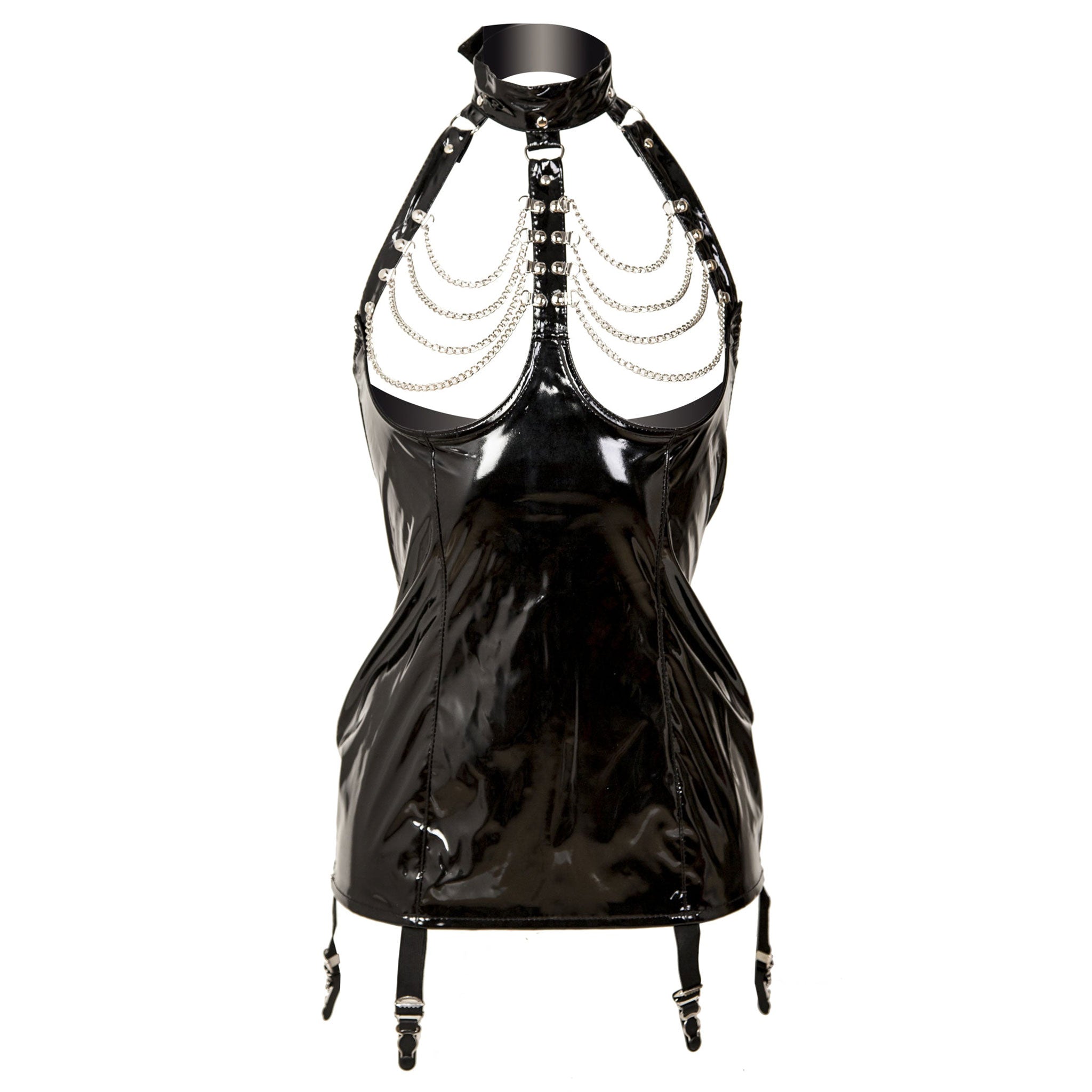 PVC vinyl elastic chain hanging-chain apparel dress mini-dress sleeveless micro open-cup open-bust underwire support halter-neck collar strappy zipper back-zip full-zip adjustable buckle suspender-straps slide-clips sleek shiny glossy veiling scalloped fetish fashion alt-fashion alternative kink kinky kinkwear exhibition exposed costume cosplay halloween female femme feminine womens black