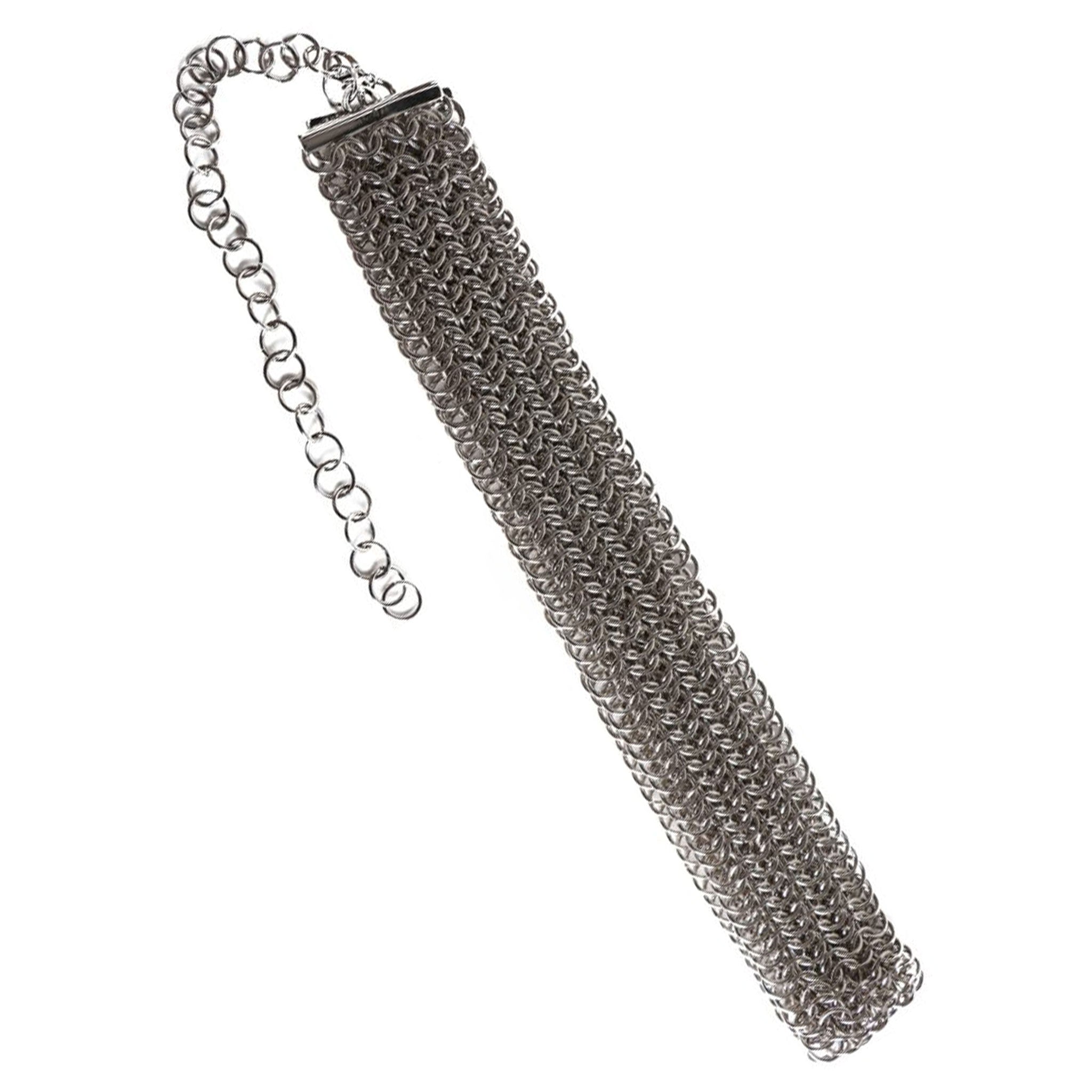 Metallic-chain accessories belt chainmail 7-line seven-line metallic-rings adjustable lobster-clasp sexy edgy bold fetish fashion alt-fashion alternative punk rock goth gothic medieval LARP SCA renfaire rennaisance festival rave raver-babe costume cosplay halloween halloween-accessories female femme feminine womens unisex silver 