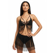 Metallic-chain chainmail chain-mail hanging-chains apparel intimate lingerie lingerie-set 2pc 2-pc 2-piece two-piece halter-bra chain-skirt miniskirt mini-skirt O-ring see-through see-thru seethru breathable unique industrial edgy avant-garde flexible contemporary fetish fashion alt-fashion fashion-forward punk dancewear festivalwear ravewear costume cosplay halloween female femme feminine womens black