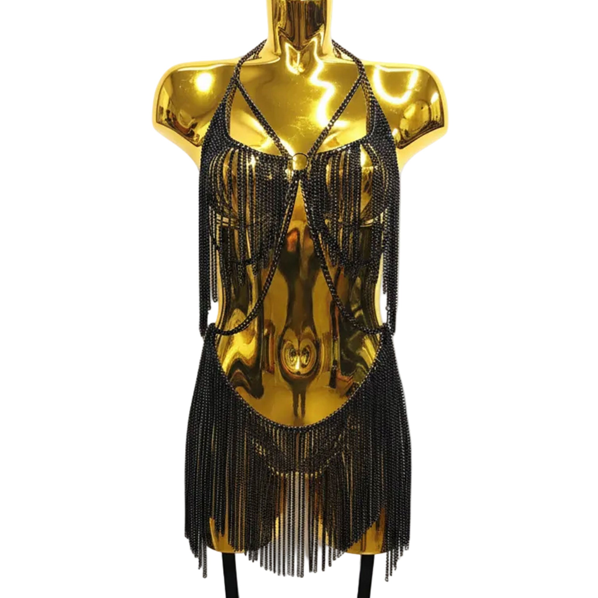 Metallic-chain chainmail chain-mail hanging-chains apparel intimate lingerie lingerie-set 2pc 2-pc 2-piece two-piece halter-bra chain-skirt miniskirt mini-skirt O-ring see-through see-thru seethru breathable unique industrial edgy avant-garde flexible contemporary fetish fashion alt-fashion fashion-forward punk dancewear festivalwear ravewear costume cosplay halloween female femme feminine womens black