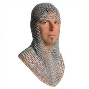 Iron galvanized-iron metallic-chain accessories head-gear hood chainmail armor shoulder-drape triangular face-opening flexible comfortable handcrafted lightweight durable medieval LARP SCA unique reenactment battle renfaire festival renaissance party bondage bdsm bdsm-fashion kink kinky kinkwear costume cosplay halloween halloween-accessories knight warrior fantasy history unisex silver 