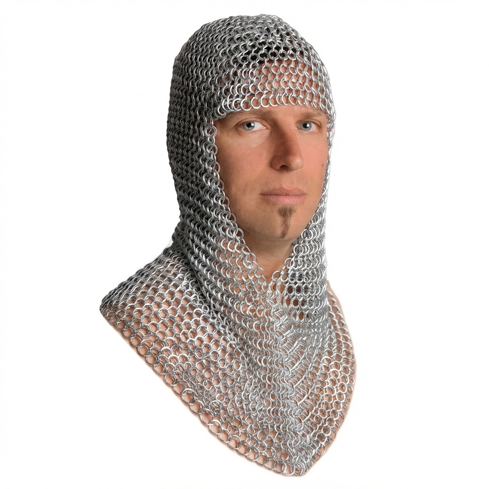Iron galvanized-iron metallic-chain accessories head-gear hood chainmail armor shoulder-drape triangular face-opening flexible comfortable handcrafted lightweight durable medieval LARP SCA unique reenactment battle renfaire festival renaissance party bondage bdsm bdsm-fashion kink kinky kinkwear costume cosplay halloween halloween-accessories knight warrior fantasy history unisex silver 