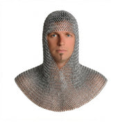 Iron galvanized-iron metallic-chain accessories head-gear hood chainmail armor shoulder-drape triangular face-opening flexible comfortable handcrafted lightweight durable medieval LARP SCA unique reenactment battle renfaire festival renaissance party bondage bdsm bdsm-fashion kink kinky kinkwear costume cosplay halloween halloween-accessories knight warrior fantasy history unisex silver 