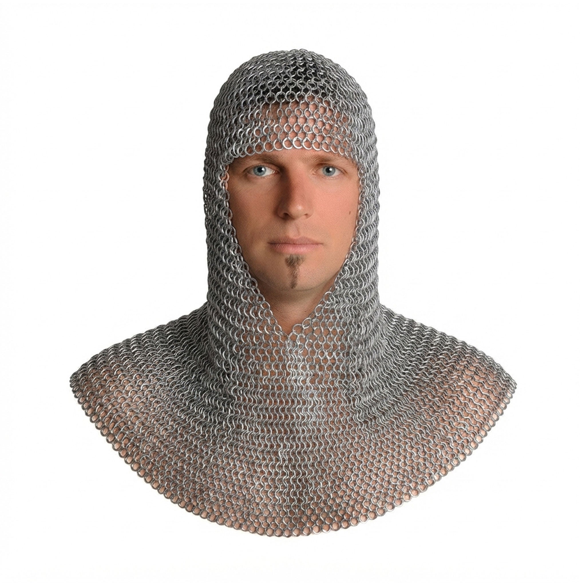Iron galvanized-iron metallic-chain accessories head-gear hood chainmail armor shoulder-drape triangular face-opening flexible comfortable handcrafted lightweight durable medieval LARP SCA unique reenactment battle renfaire festival renaissance party bondage bdsm bdsm-fashion kink kinky kinkwear costume cosplay halloween halloween-accessories knight warrior fantasy history unisex silver 