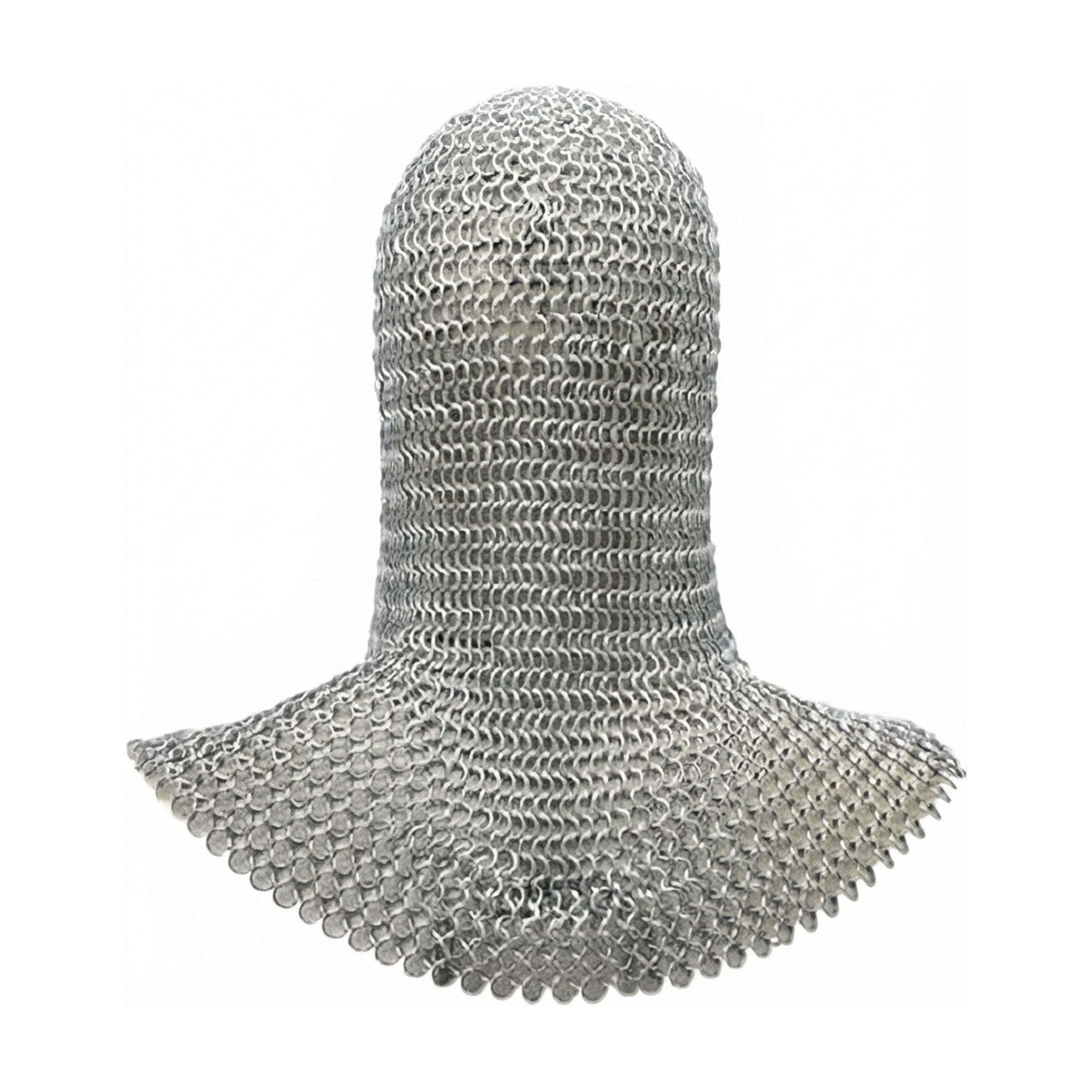 Iron galvanized-iron metallic-chain accessories head-gear hood chainmail armor shoulder-drape triangular face-opening flexible comfortable handcrafted lightweight durable medieval LARP SCA unique reenactment battle renfaire festival renaissance party bondage bdsm bdsm-fashion kink kinky kinkwear costume cosplay halloween halloween-accessories knight warrior fantasy history unisex silver 