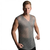 Metallic-chain apparel top shirt armor chainmail sleeveless shiny heavy weighted butted-rings 4-in-1 european fetish fashion alt-fashion alternative punk goth gothic renaissance festival renfaire costume cosplay halloween halloween-accessories knight warrior paladin male masculine masc mens menswear guys dudes unisex silver
