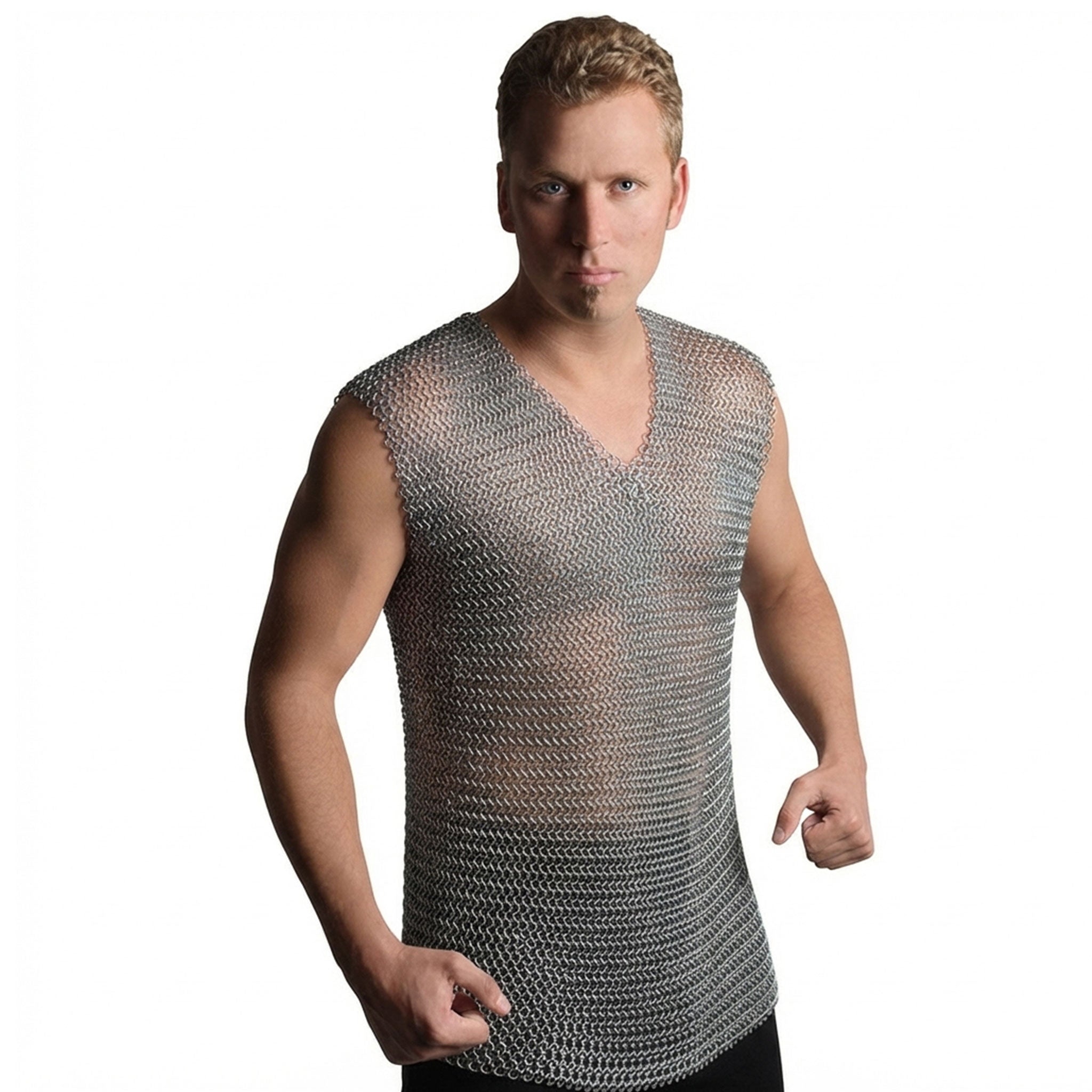 Metallic-chain apparel top shirt armor chainmail sleeveless shiny heavy weighted butted-rings 4-in-1 european fetish fashion alt-fashion alternative punk goth gothic renaissance festival renfaire costume cosplay halloween halloween-accessories knight warrior paladin male masculine masc mens menswear guys dudes unisex silver